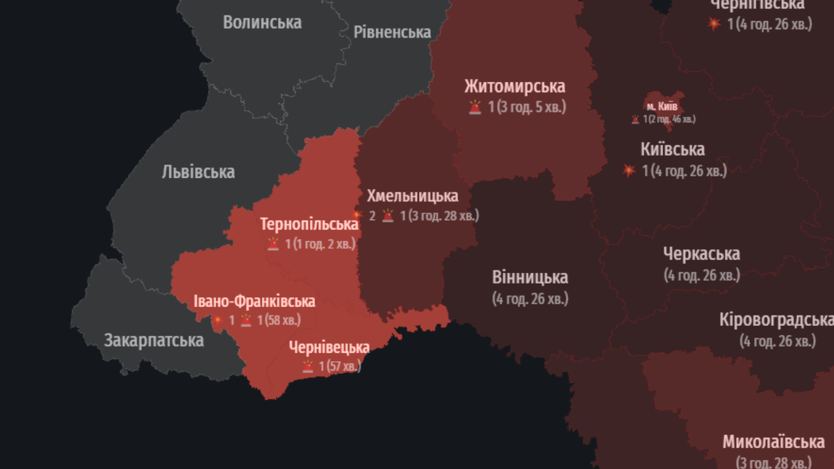 Мапа повітряних тривог alerts.in.ua, на якій видно Франківщину