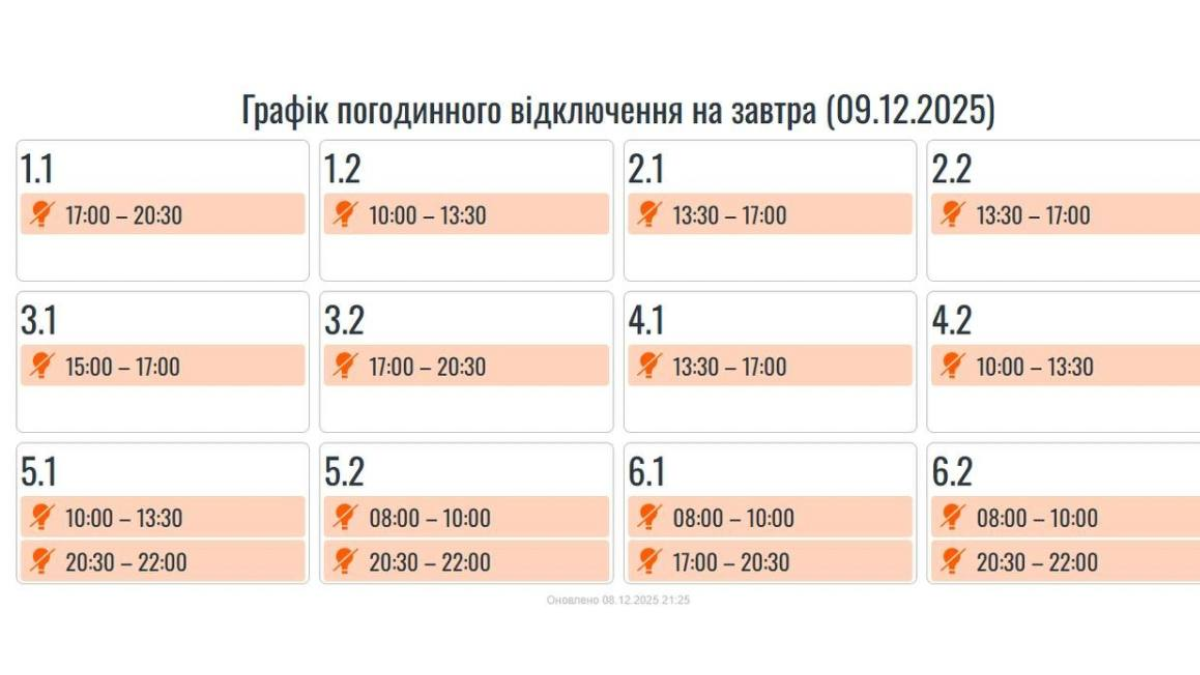 Завтра, 9 грудня, на Прикарпатті будуть застосовуватися графіки погодинних вимкнень
