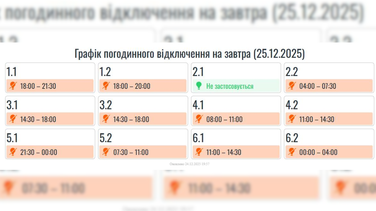 25 грудня на Івано-Франківщині протягом доби діятимуть графіки погодинних вимкнень