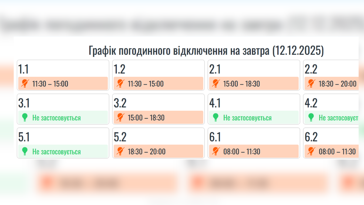 Графік вимкнення електроенергії на 12 грудня