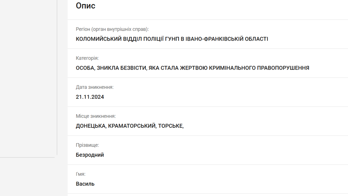 Інформація про Василя Безродного з сайту МВС