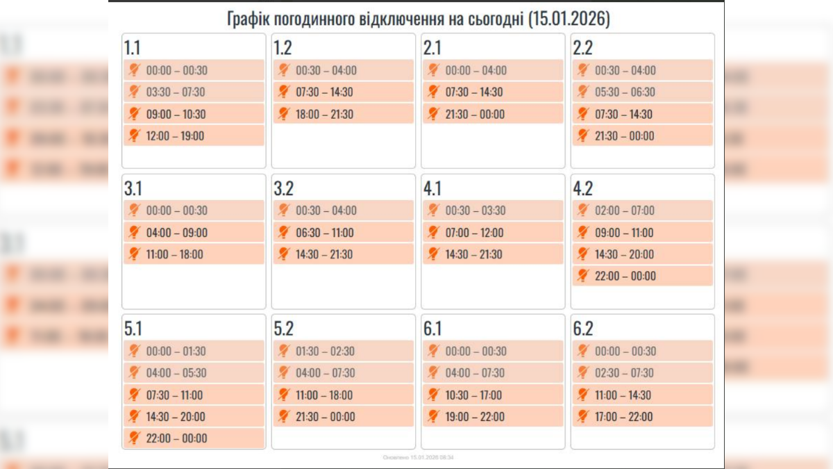 Графік вимкнення електроенергії на Прикарпатті 15.01.2026р.