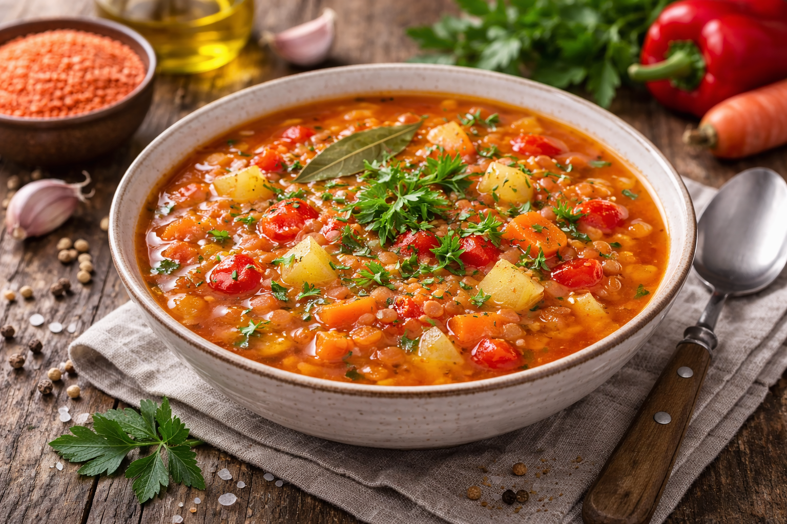 Пісний суп із сочевицею та овочами