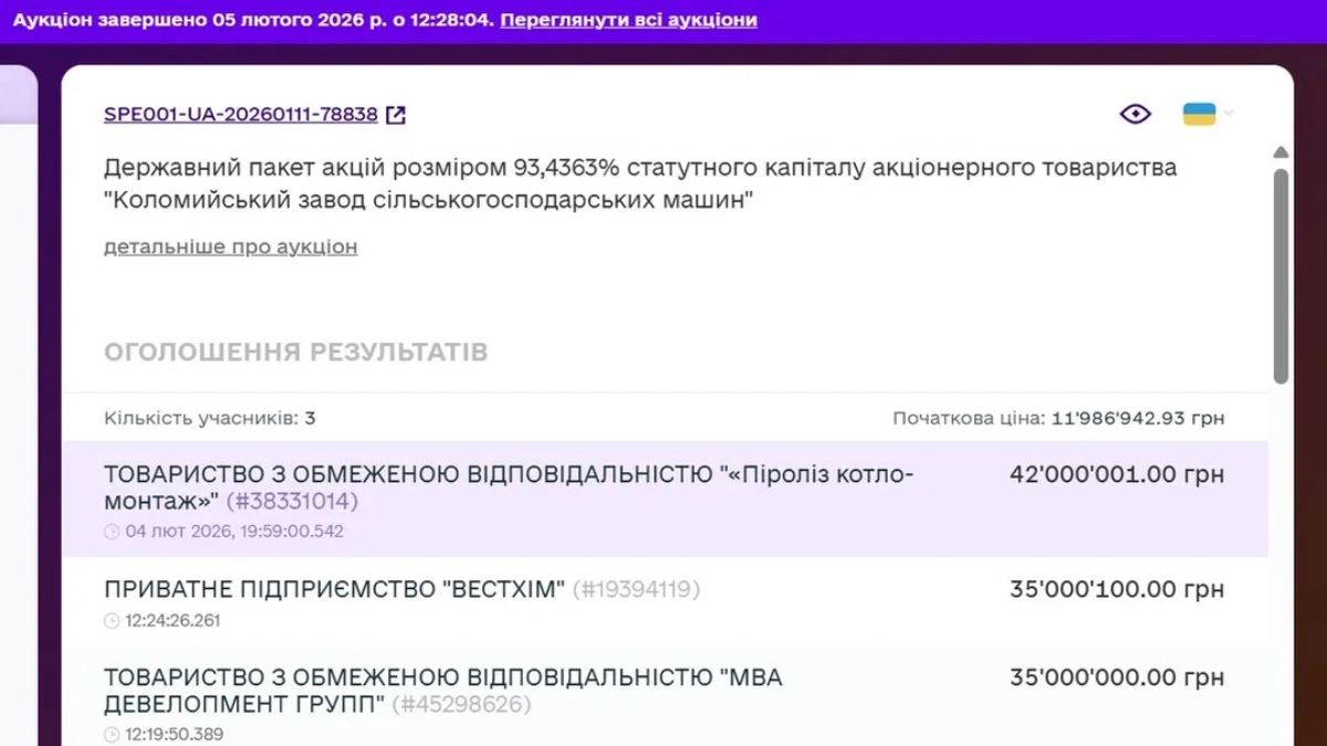 Аукціон на близько 93% статутного капіталу акціонерного товариства «Коломийський завод сільськогосподарських машин»