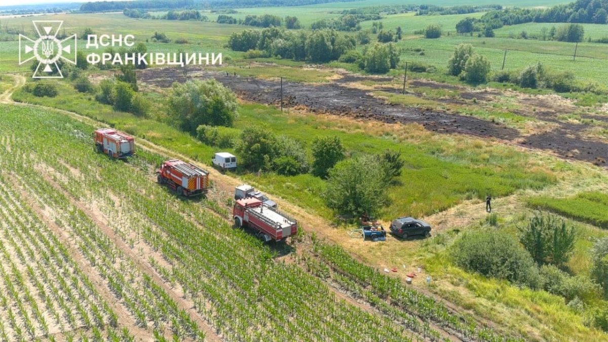 Наслідки загоряння торфу у селі Колоколин на Прикарпатті 27 червня 2026 року. Фото: Головне управління ДСНС України в Івано-Франківській області
